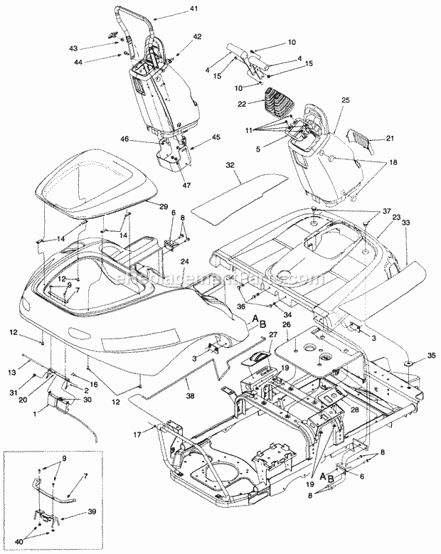 Body Cover Panels Diagram and Parts List for Z48L 53AC365M100, 53BA1D5M100 Cub Cadet Lawn Mower